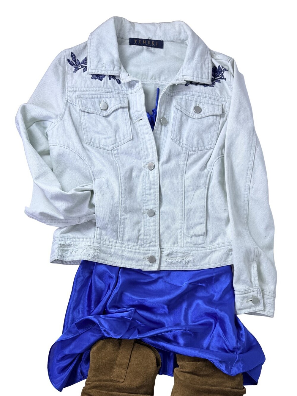 Tinsel Embroidered Light Wash Denim Jacket Small Floral Distressed Boho